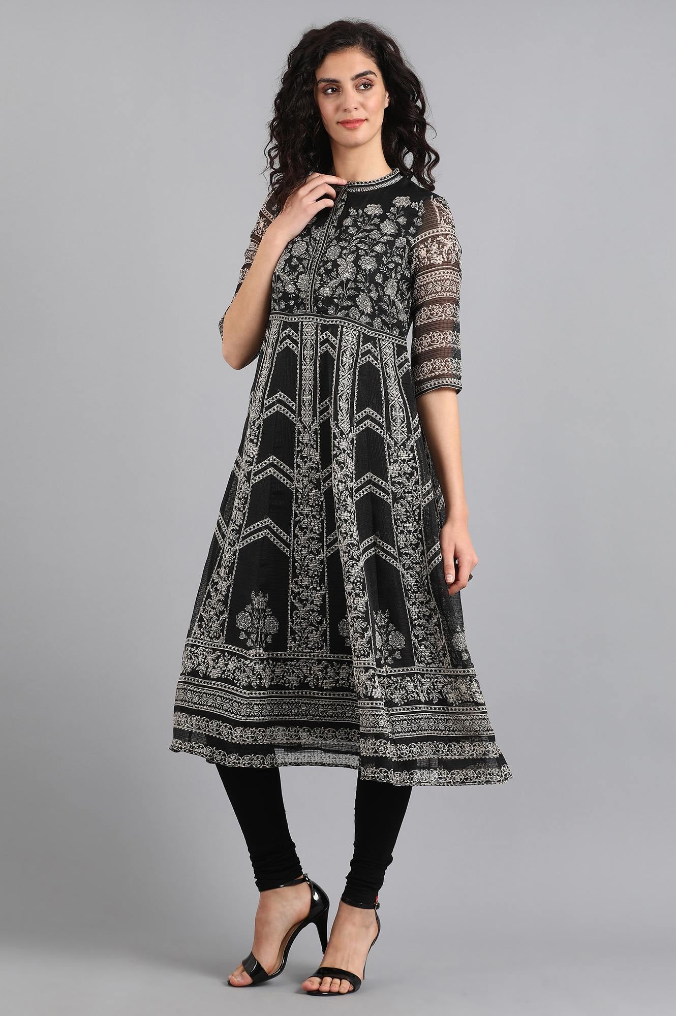 Black Mandarin Neck Printed kurta