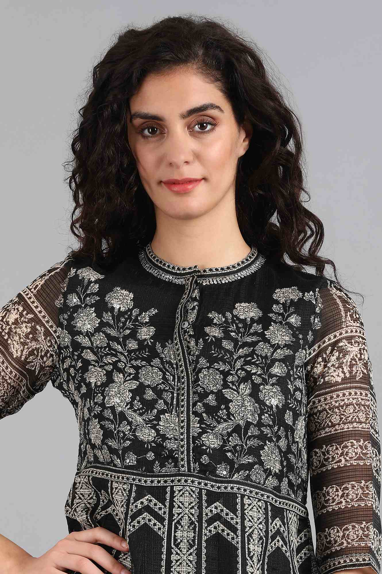 Black Mandarin Neck Printed kurta