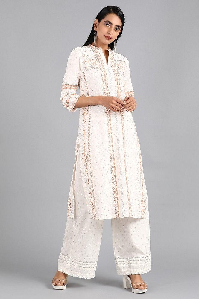 White Mandarin Neck Printed kurta - wforwoman