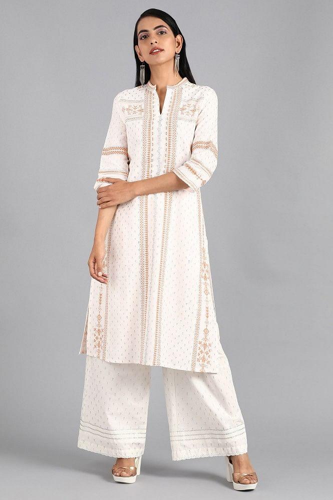 White Mandarin Neck Printed kurta - wforwoman