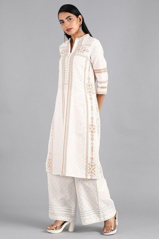 White Mandarin Neck Printed kurta - wforwoman