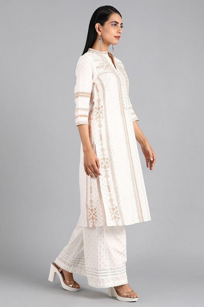 White Mandarin Neck Printed kurta - wforwoman