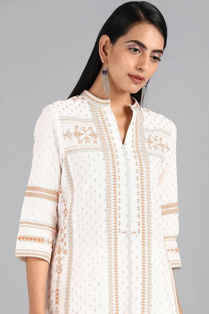 White Mandarin Neck Printed kurta - wforwoman