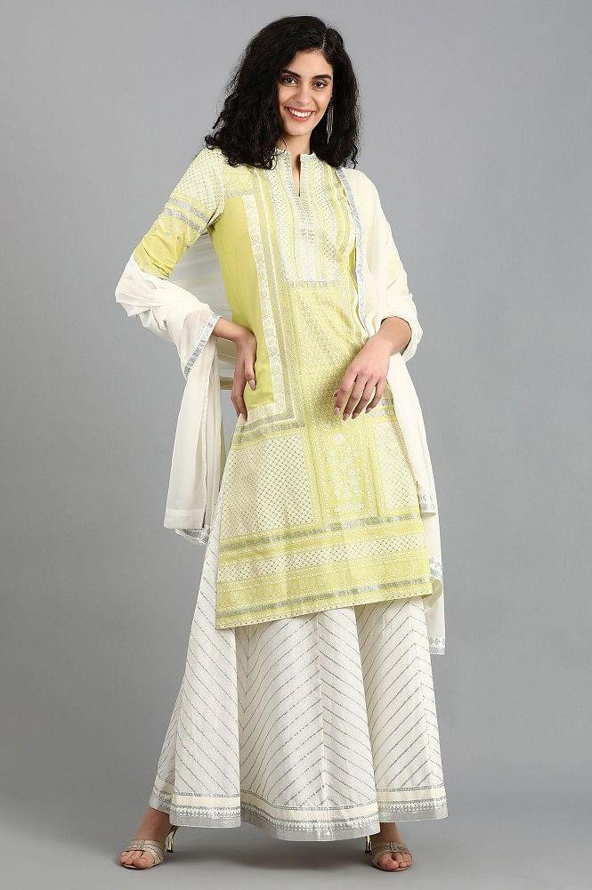 Green Mandarin Neck Printed kurta - wforwoman