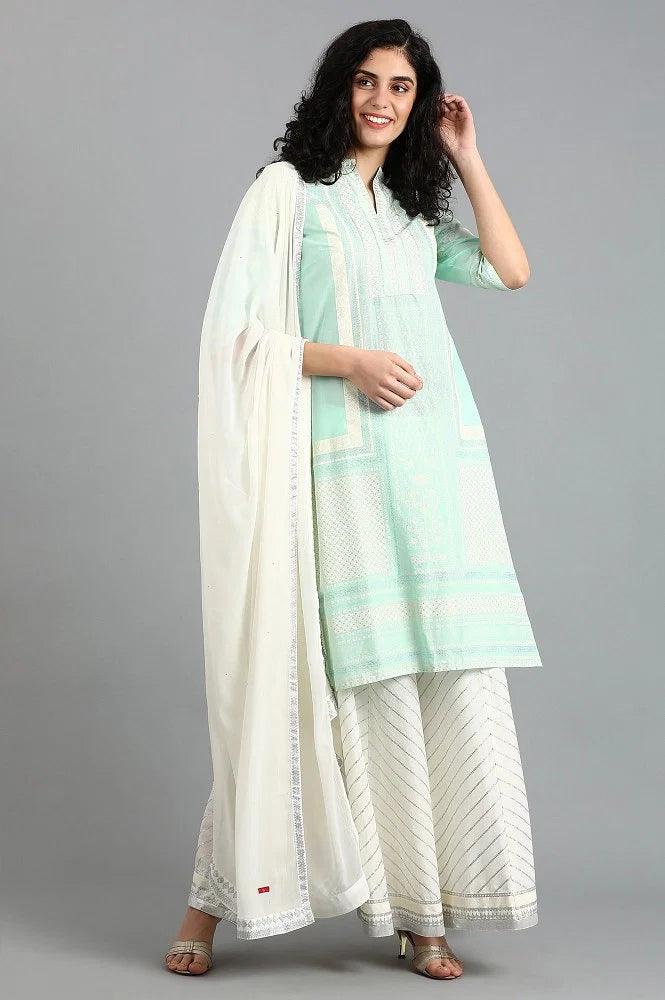 Blue Mandarin Neck Printed kurta - wforwoman