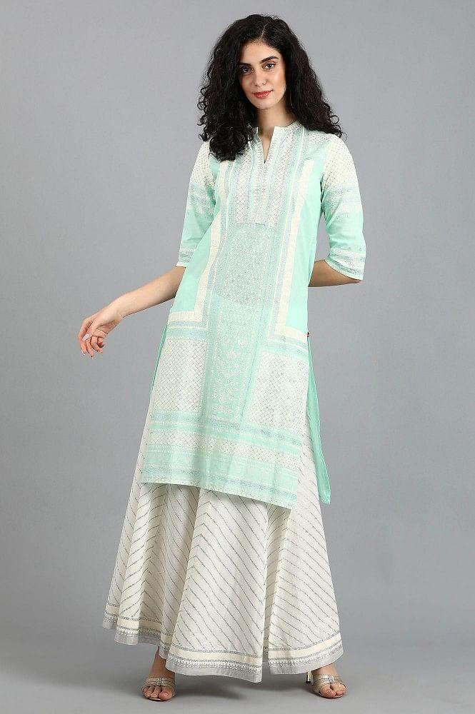 Blue Mandarin Neck Printed kurta - wforwoman