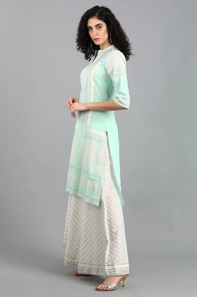 Blue Mandarin Neck Printed kurta - wforwoman