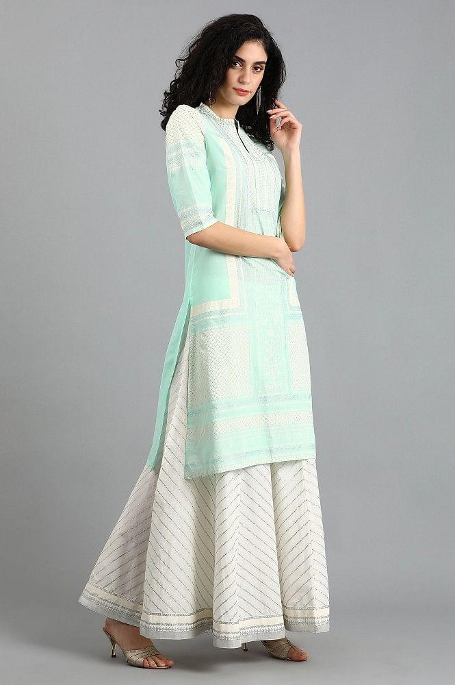 Blue Mandarin Neck Printed kurta - wforwoman