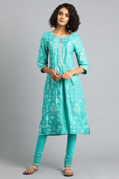 Green Round Neck Printed kurta - wforwoman