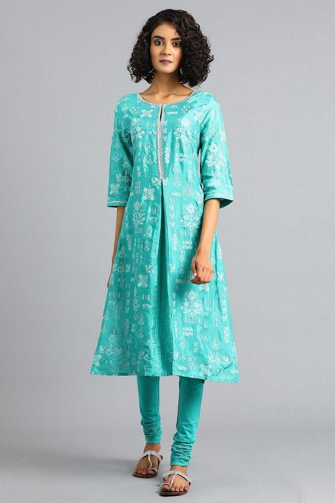 Green Round Neck Printed kurta - wforwoman