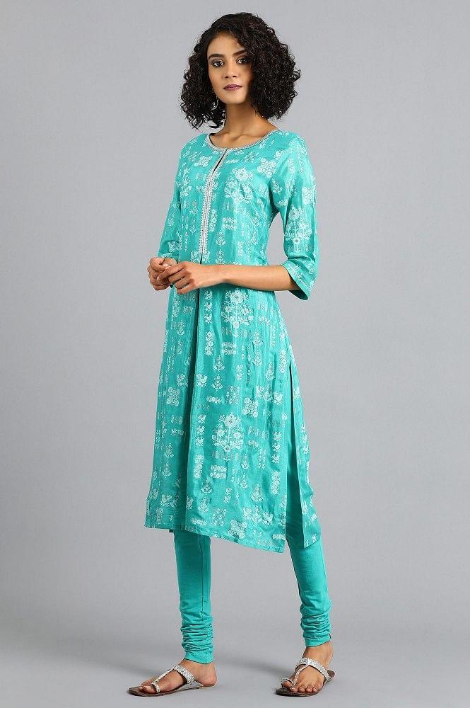 Green Round Neck Printed kurta - wforwoman