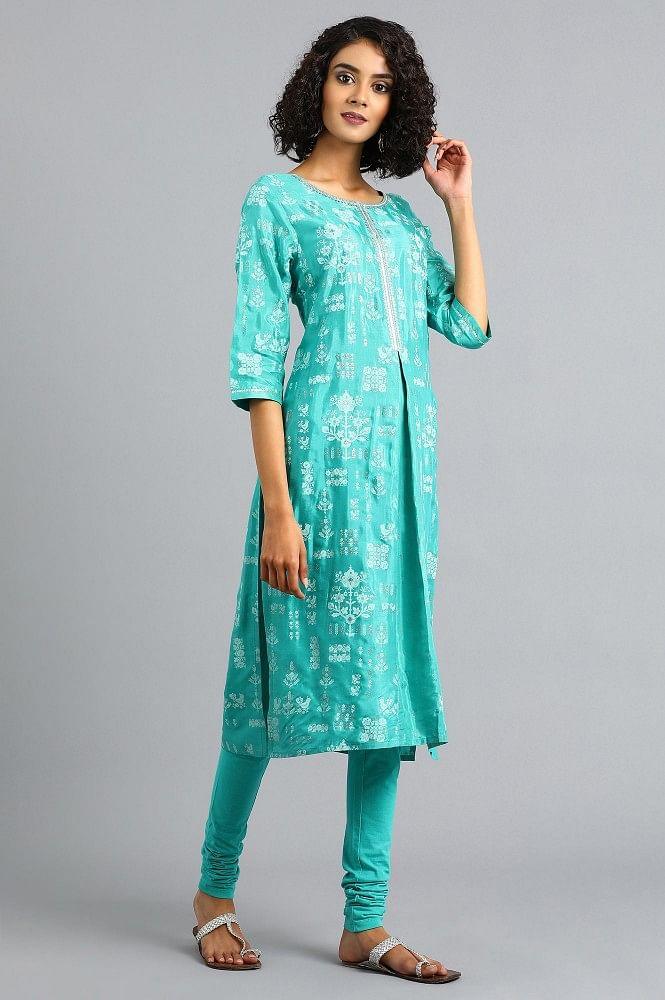 Green Round Neck Printed kurta - wforwoman