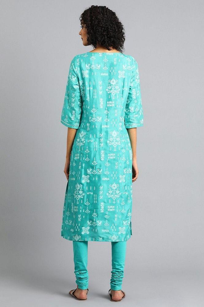 Green Round Neck Printed kurta - wforwoman