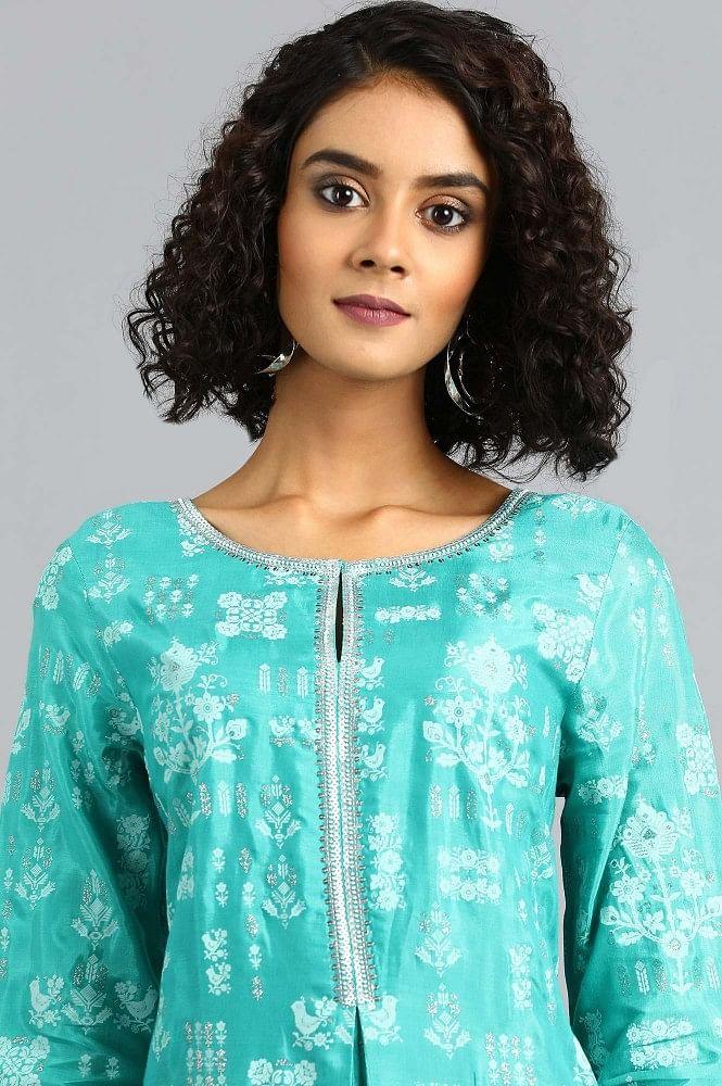 Green Round Neck Printed kurta - wforwoman