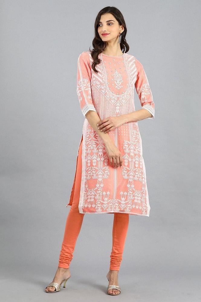 Peach Round Neck Printed kurta - wforwoman