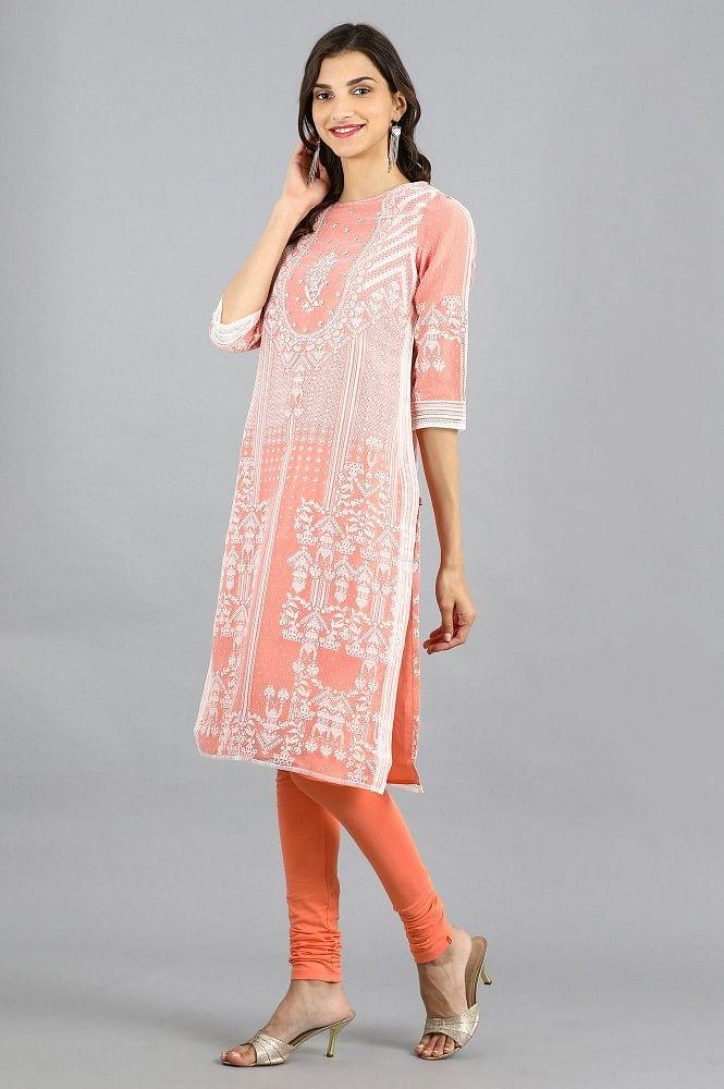 Peach Round Neck Printed kurta - wforwoman