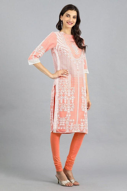 Peach Round Neck Printed kurta - wforwoman