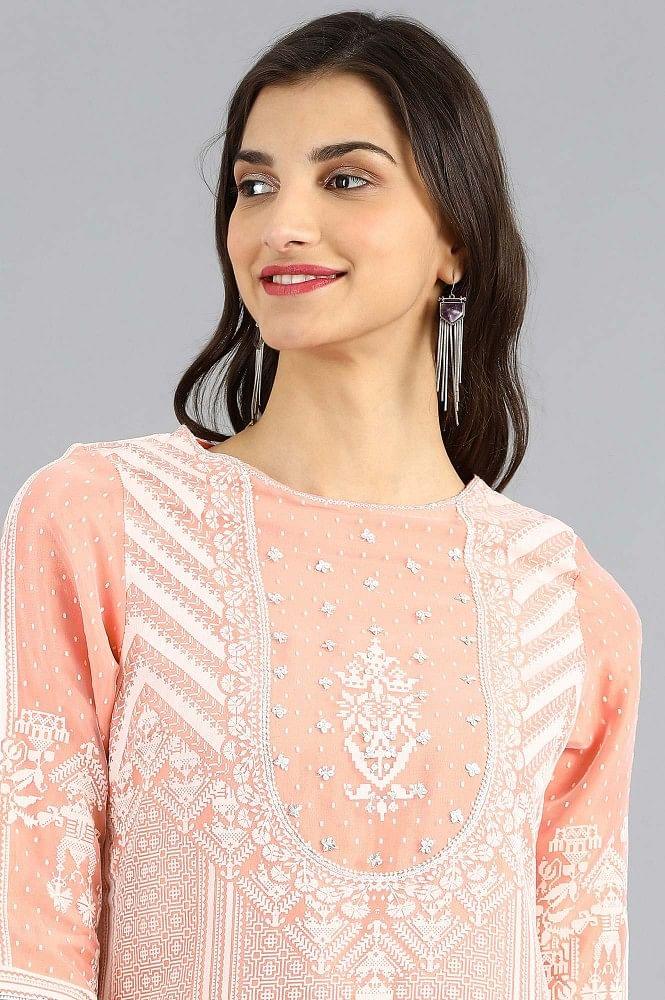 Peach Round Neck Printed kurta - wforwoman