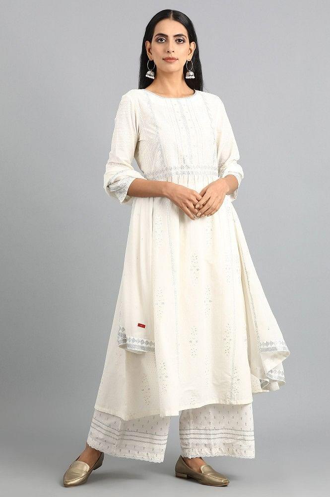 White Round Neck Printed kurta - wforwoman