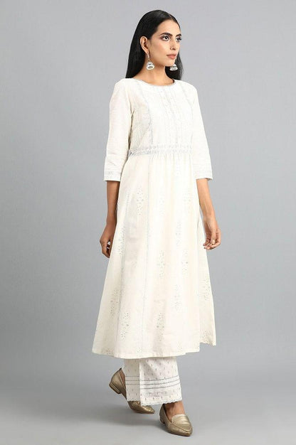 White Round Neck Printed kurta - wforwoman