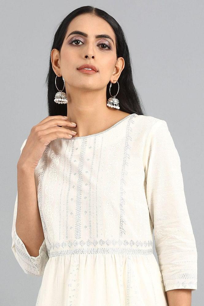 White Round Neck Printed kurta - wforwoman