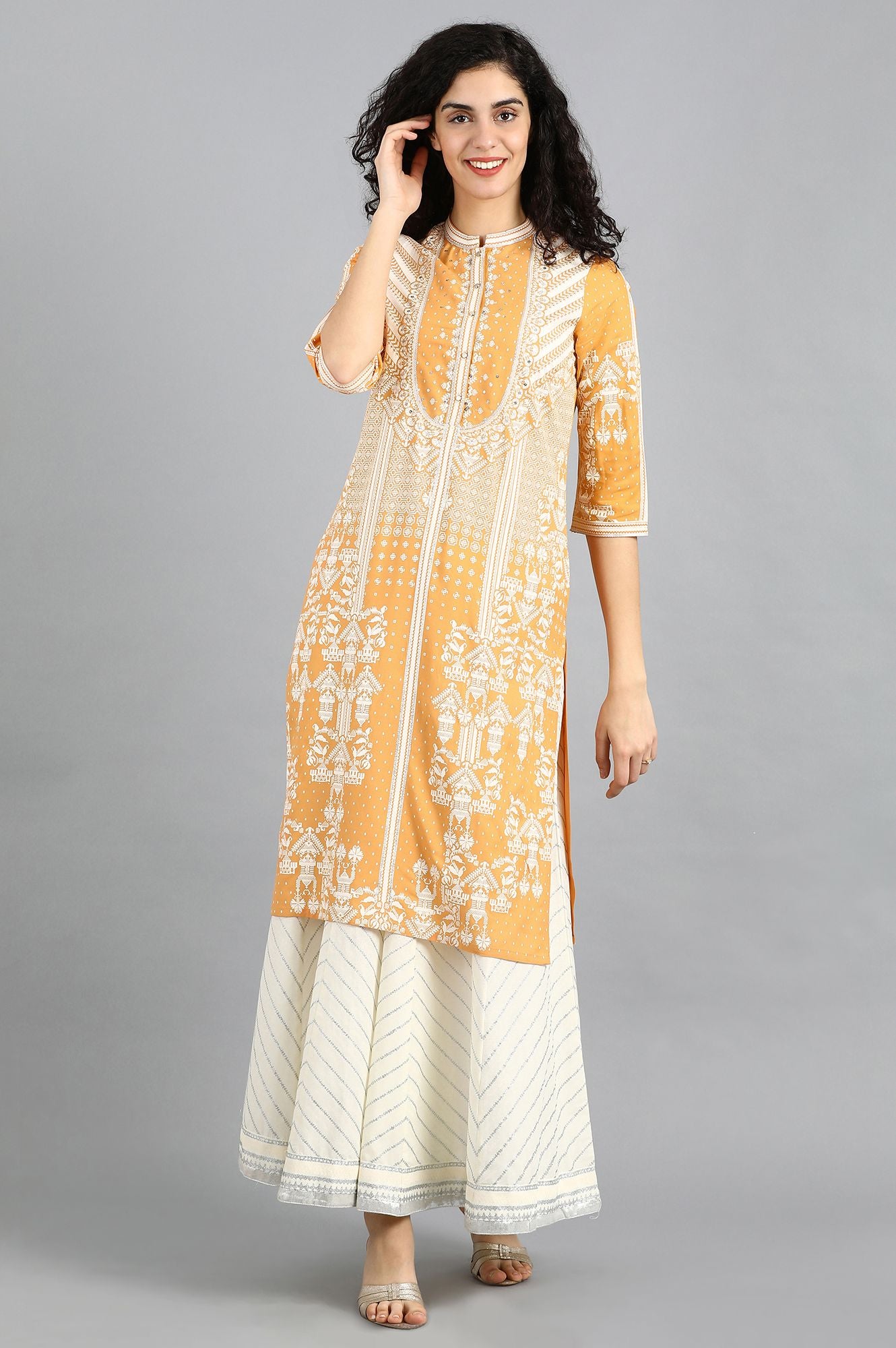 Orange Mandarin Neck Printed kurta