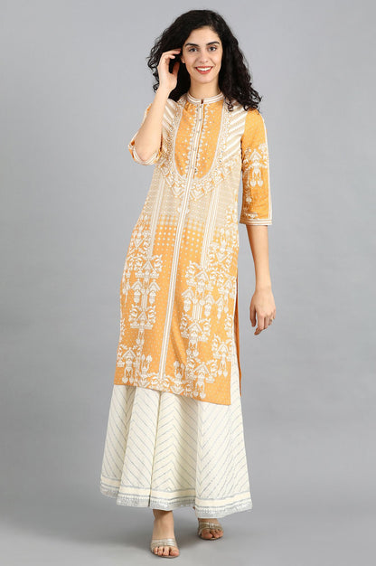 Orange Mandarin Neck Printed kurta