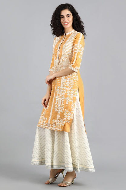 Orange Mandarin Neck Printed kurta