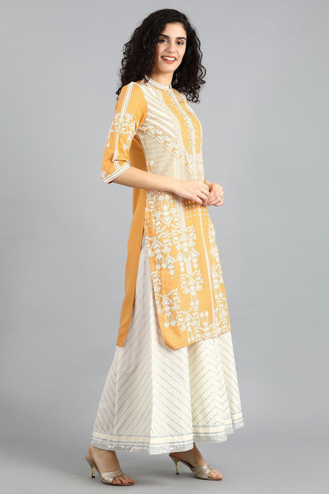 Orange Mandarin Neck Printed kurta