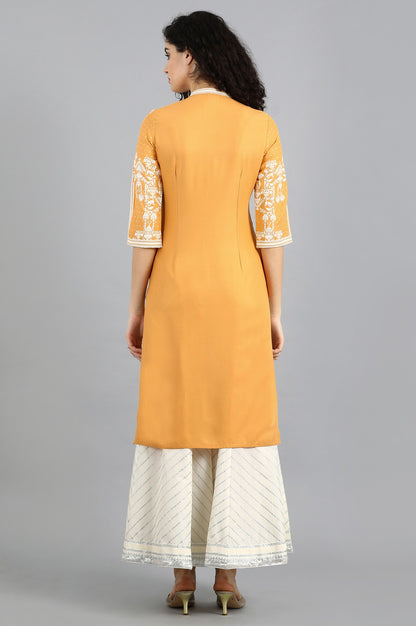 Orange Mandarin Neck Printed kurta