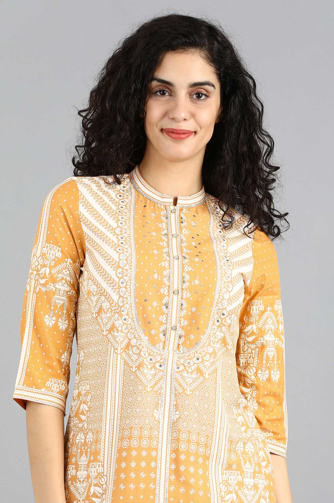 Orange Mandarin Neck Printed kurta