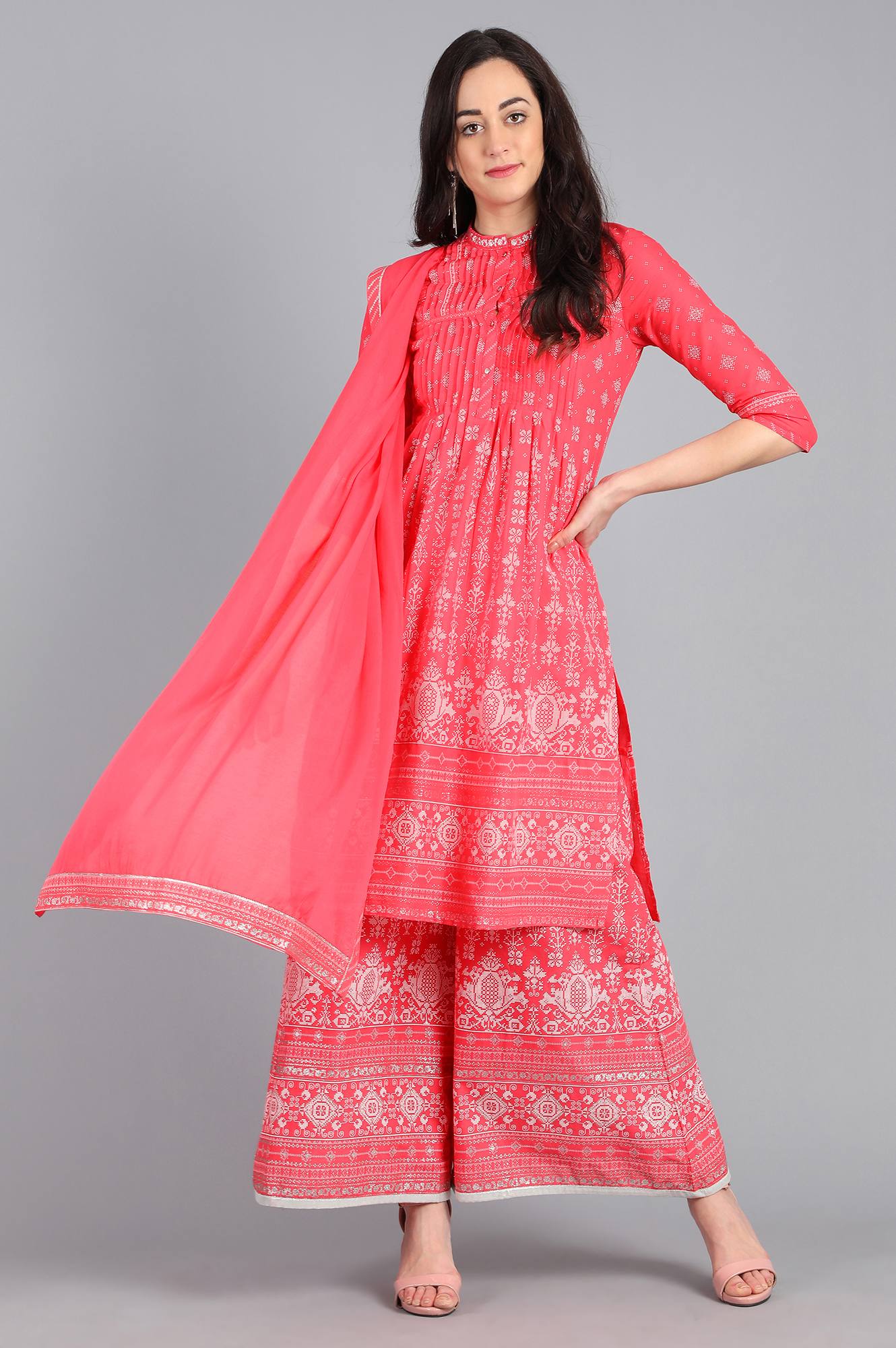 Pink Mandarin Neck Printed kurta