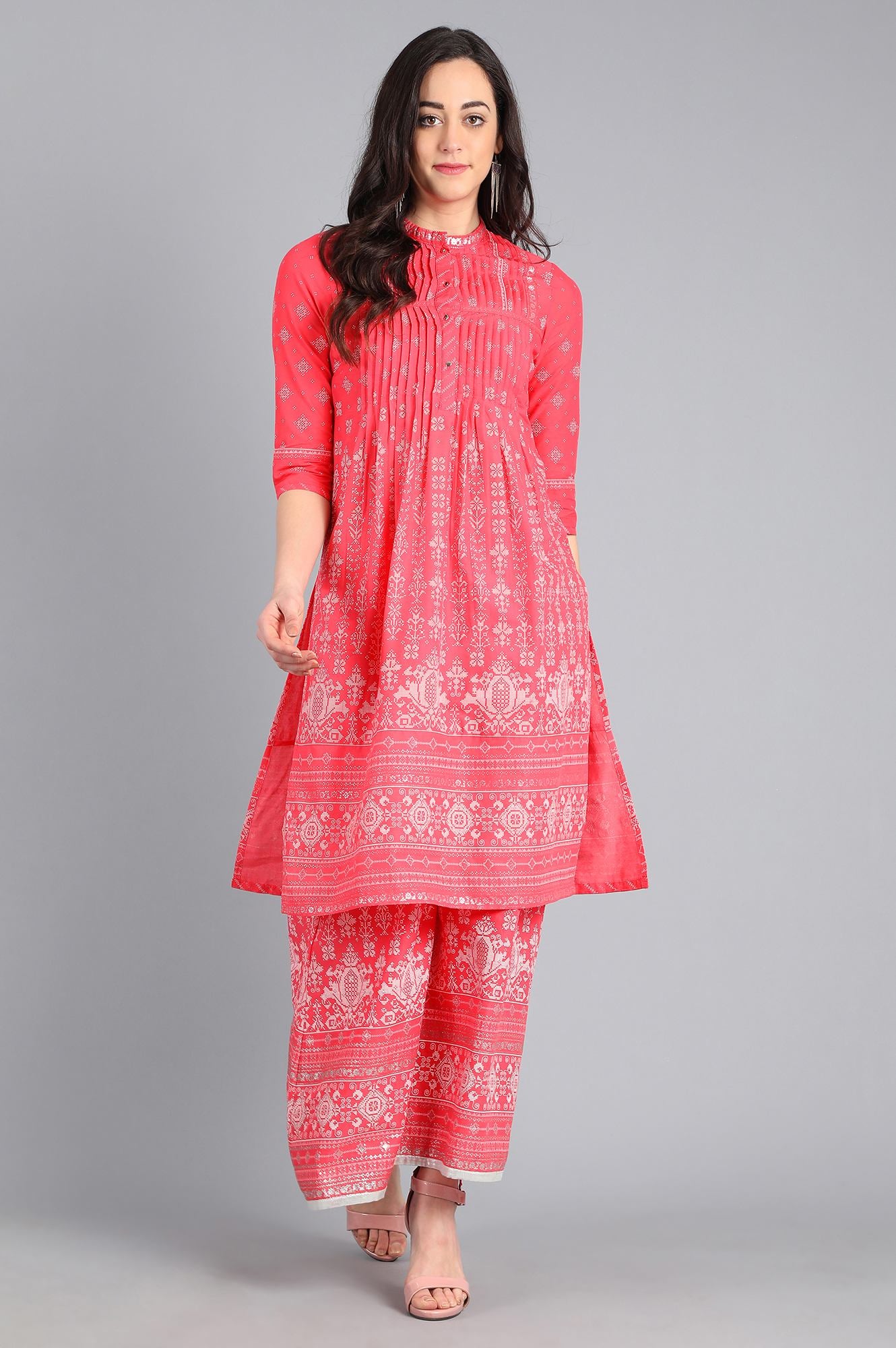 Pink Mandarin Neck Printed kurta