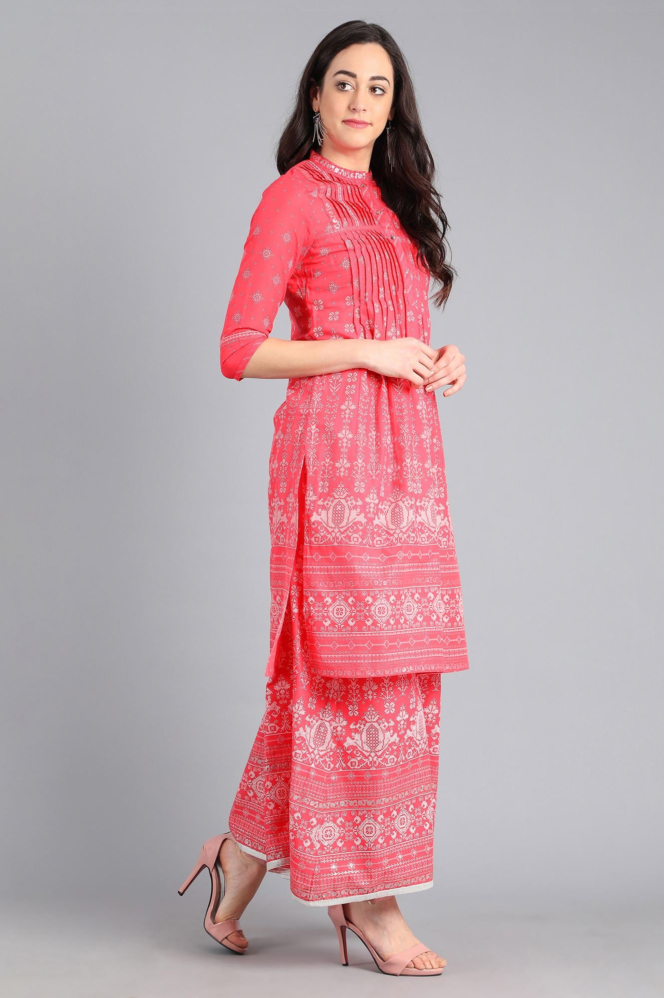 Pink Mandarin Neck Printed kurta