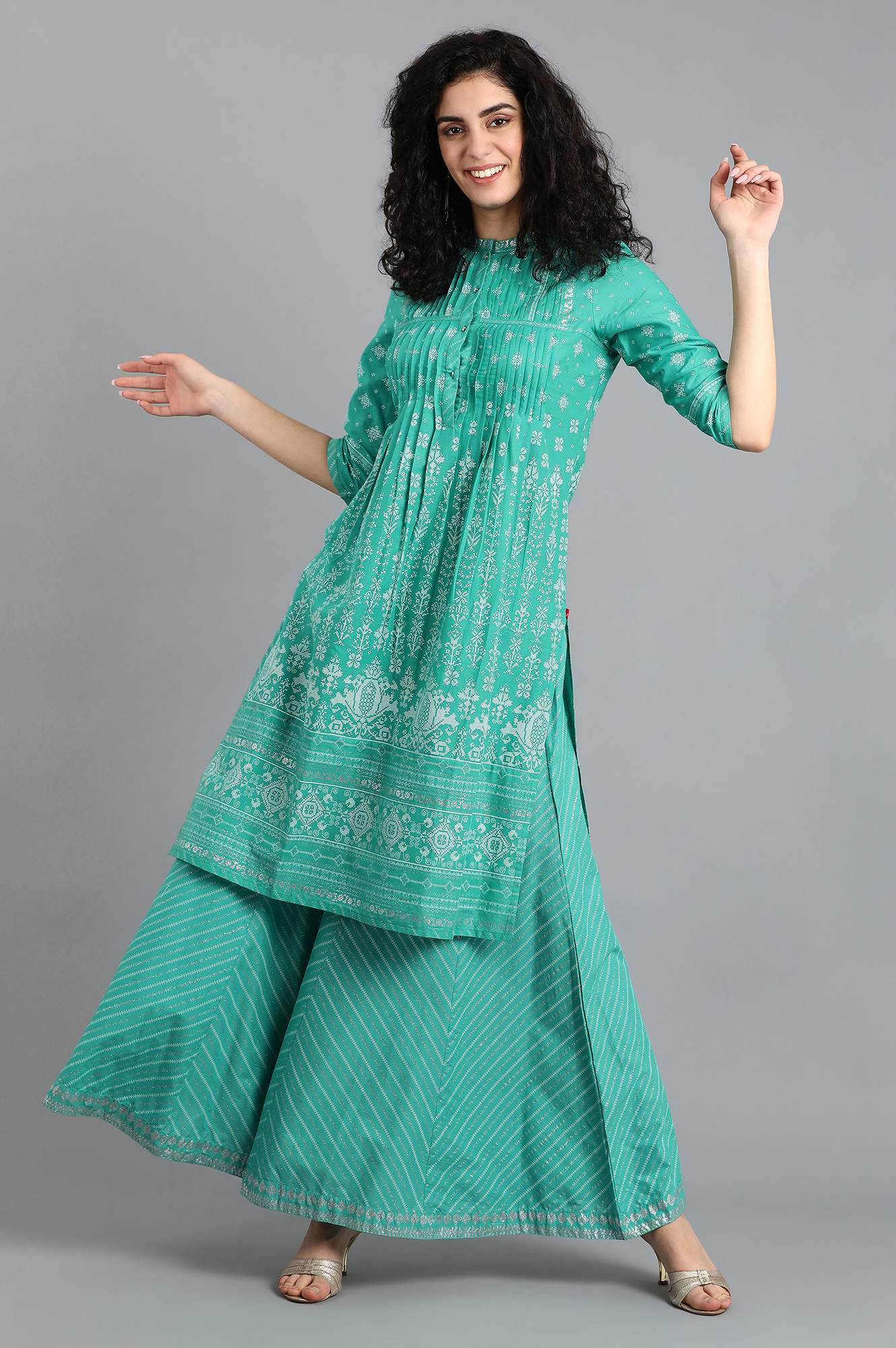 Green Mandarin Neck Printed kurta