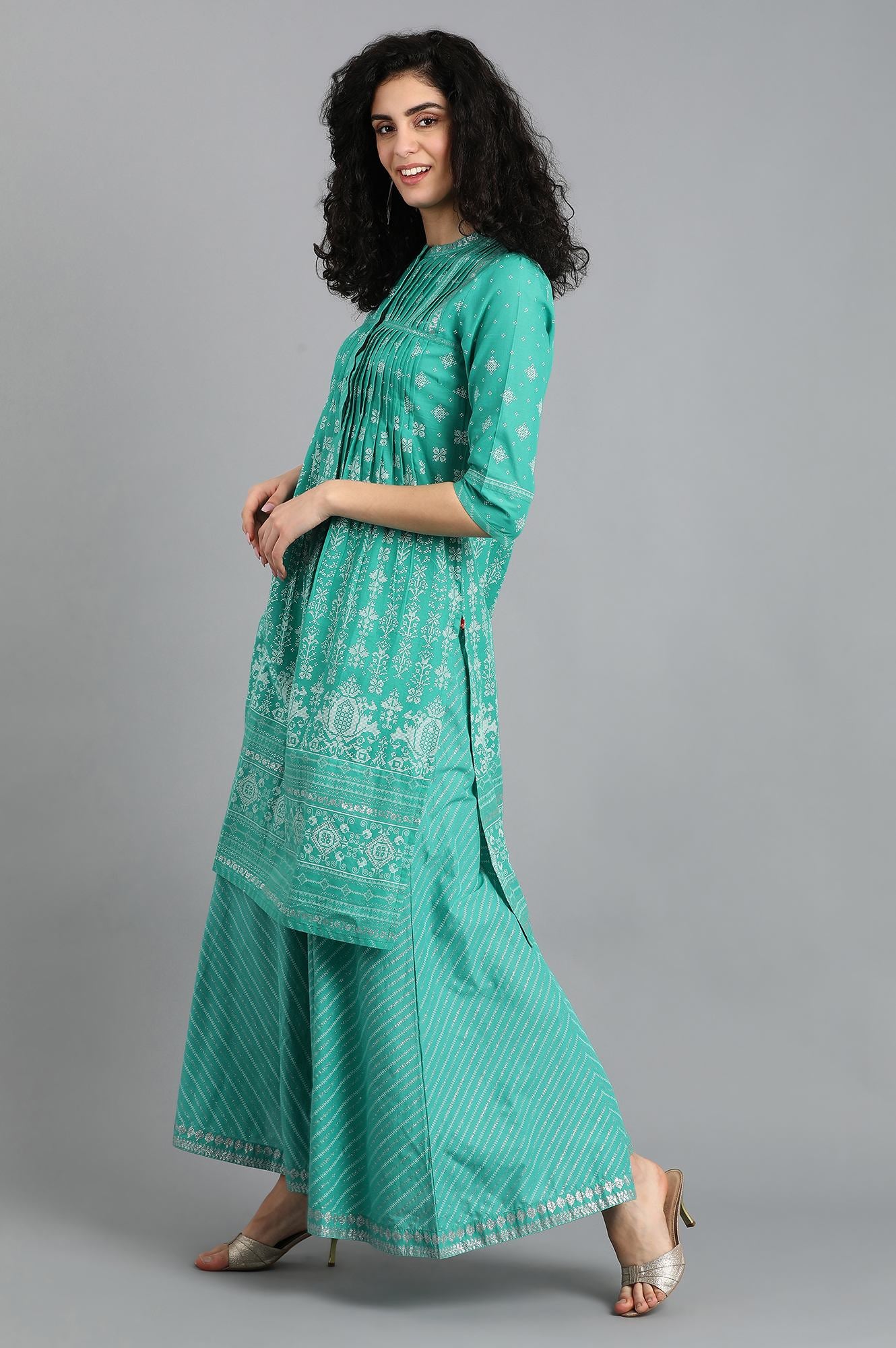 Green Mandarin Neck Printed kurta