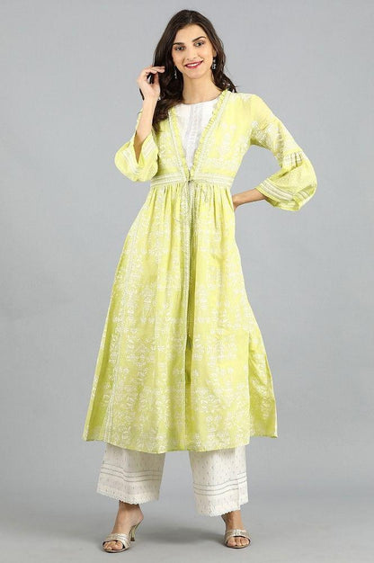 Green Open Front Printed kurta - wforwoman