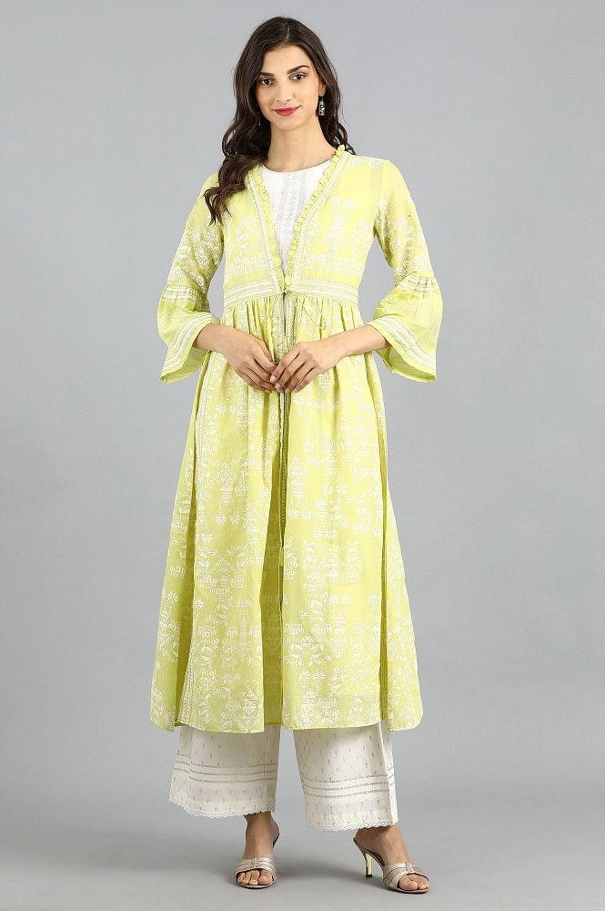 Green Open Front Printed kurta - wforwoman