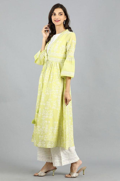 Green Open Front Printed kurta - wforwoman