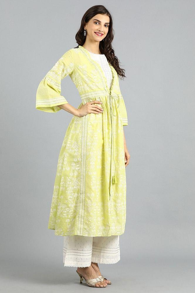 Green Open Front Printed kurta - wforwoman