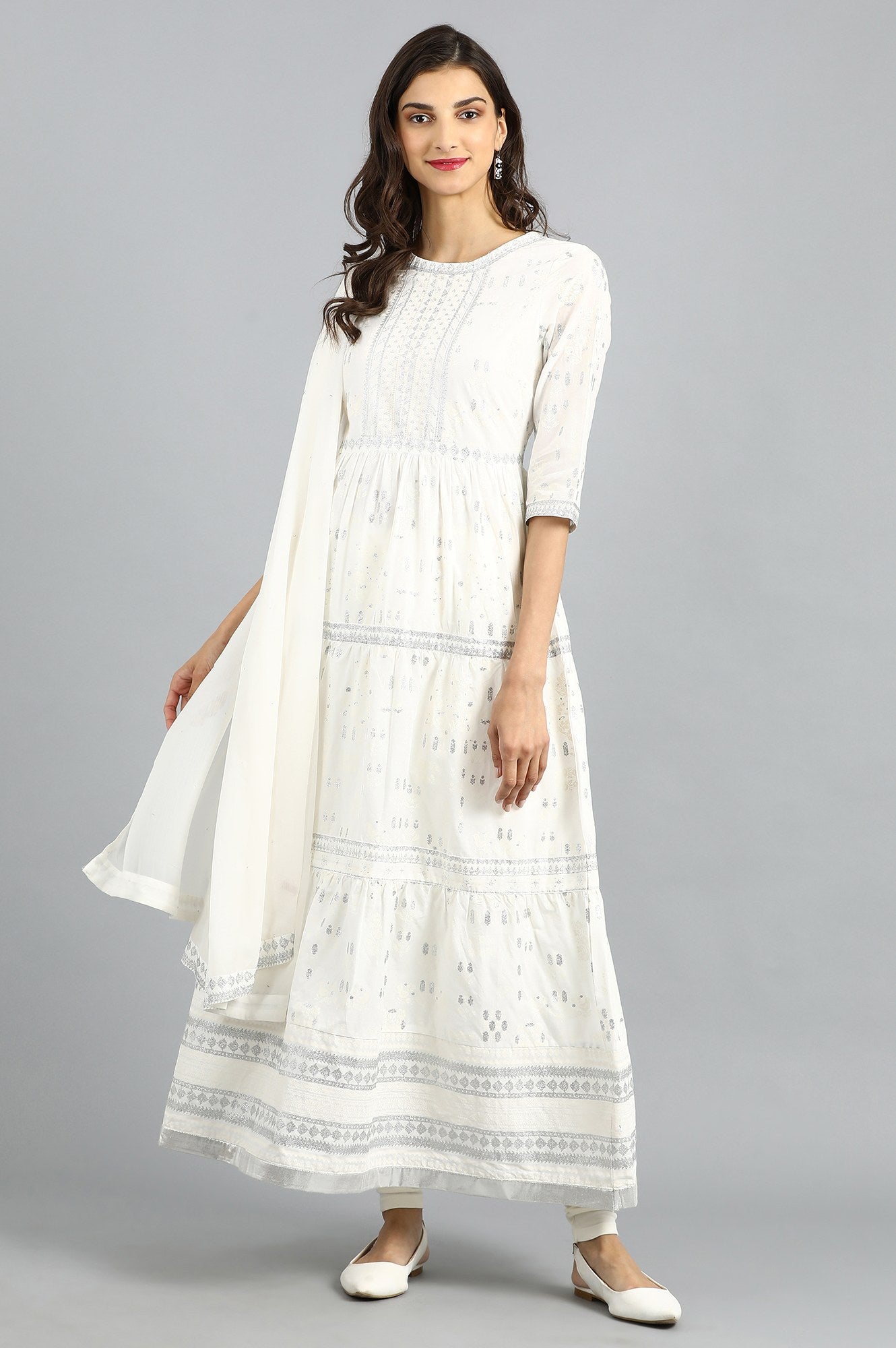 White Round Neck Printed kurta