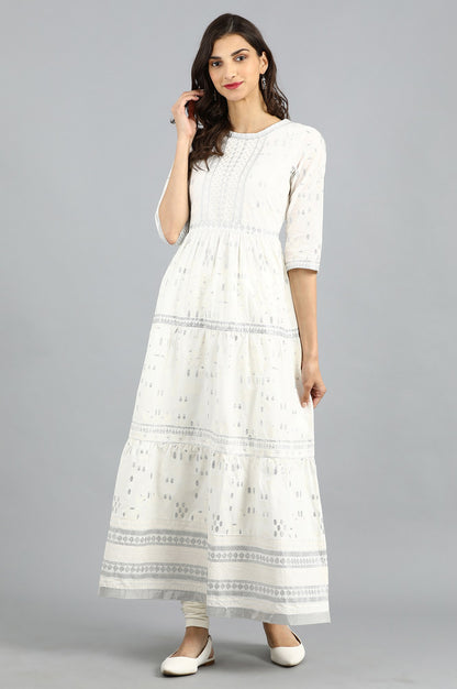 White Round Neck Printed kurta