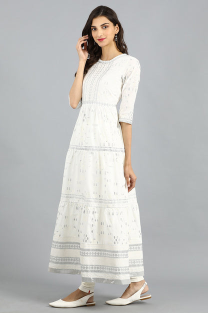 White Round Neck Printed kurta