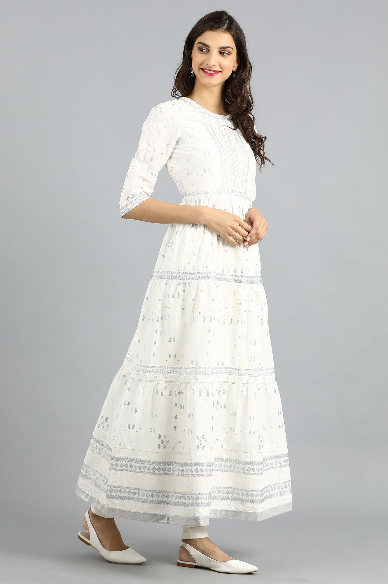 White Round Neck Printed kurta