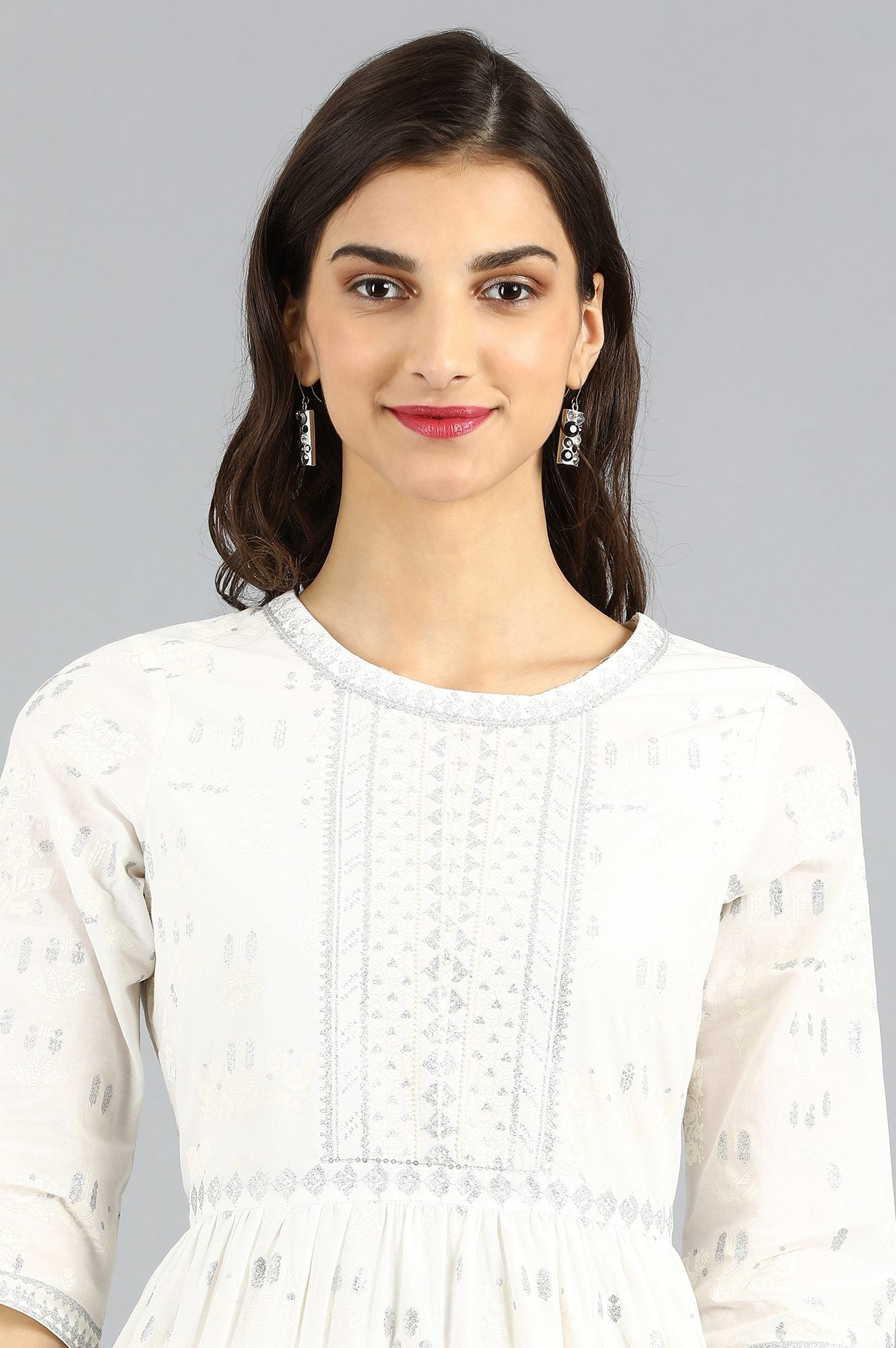 White Round Neck Printed kurta