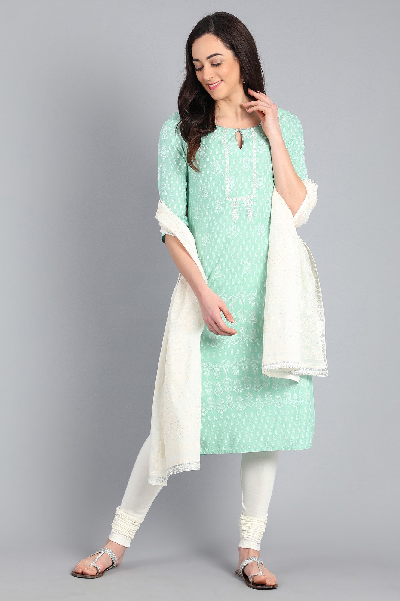 Green Round Neck Printed kurta