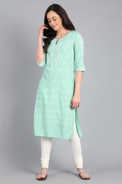 Green Round Neck Printed kurta