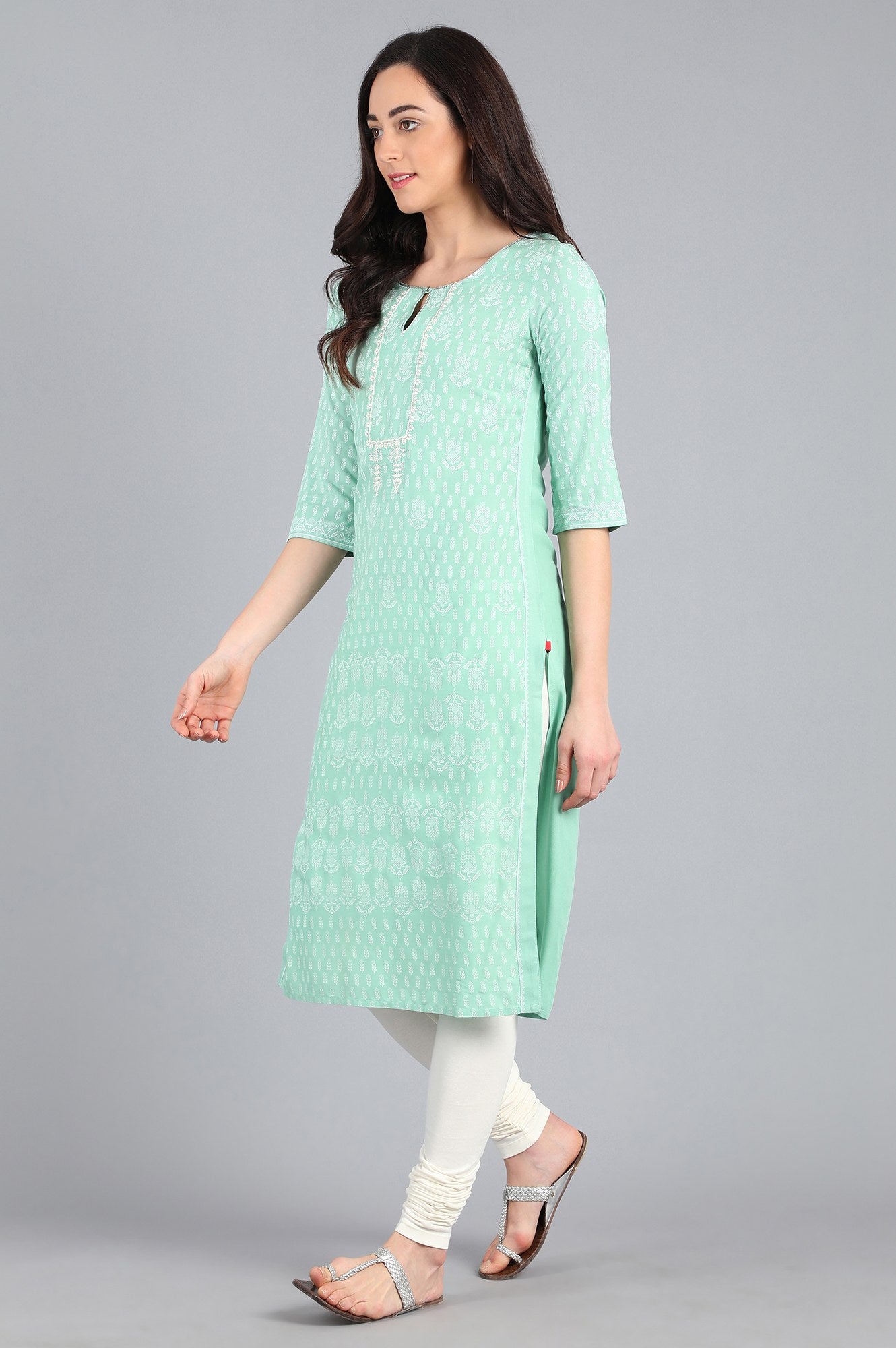 Green Round Neck Printed kurta