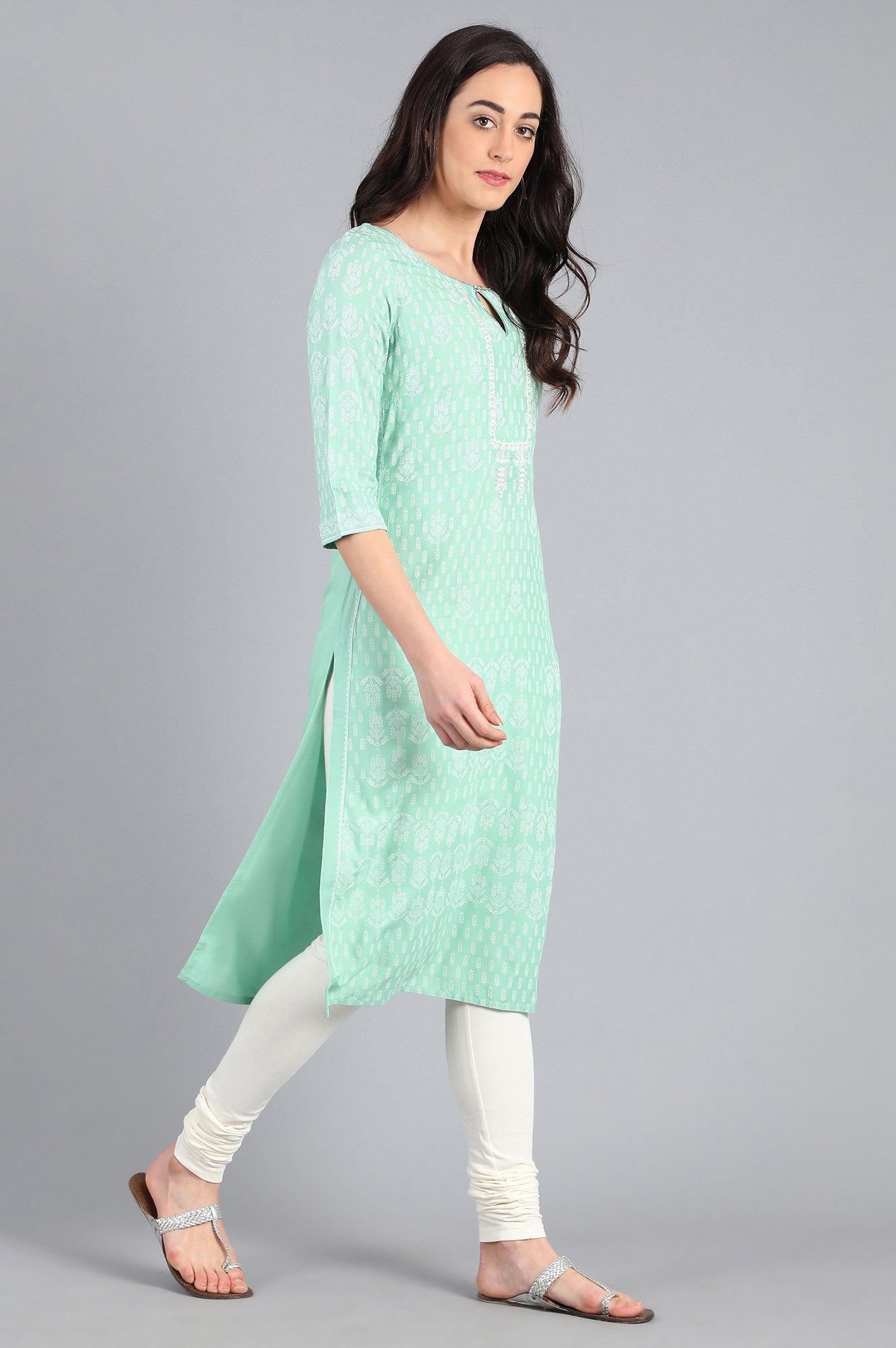 Green Round Neck Printed kurta