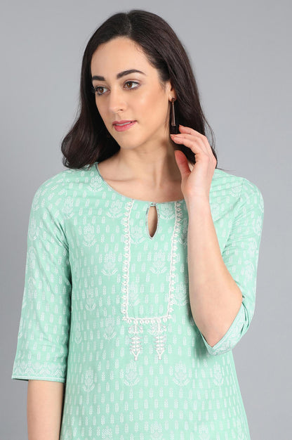 Green Round Neck Printed kurta